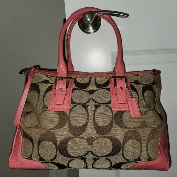 Coach Fabric & Patent Leather Handbag Bag in Pink and Taupe, Style # F13812 - Picture 1 of 16